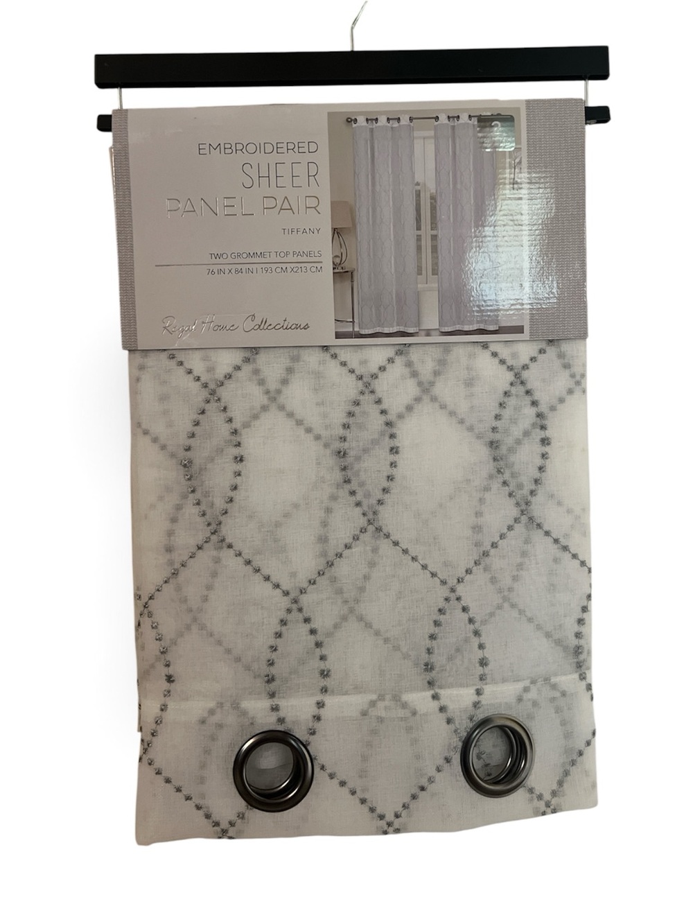 Embroidered Sheer Panel Pair - Tiffany White with Gray Embroidery